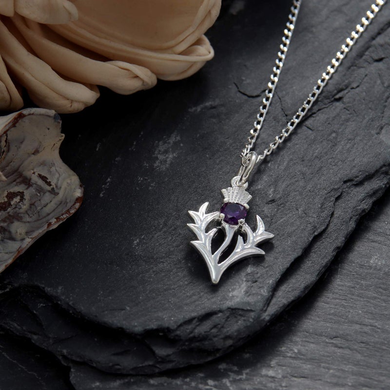 Alexander Castle 925 Sterling Silver Scottish Thistle & Real Amethyst Necklace - 20mm x 16mm Pendant with 18" Silver Chain & Jewelry Gift Box - Scottish Gifts for Women - Image 2
